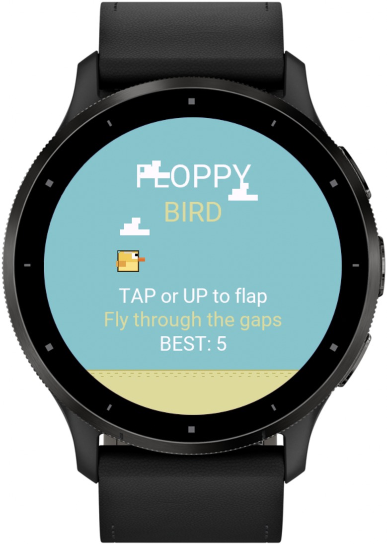Floppy Bird on a Garmin watch, showing the controls on the start screen